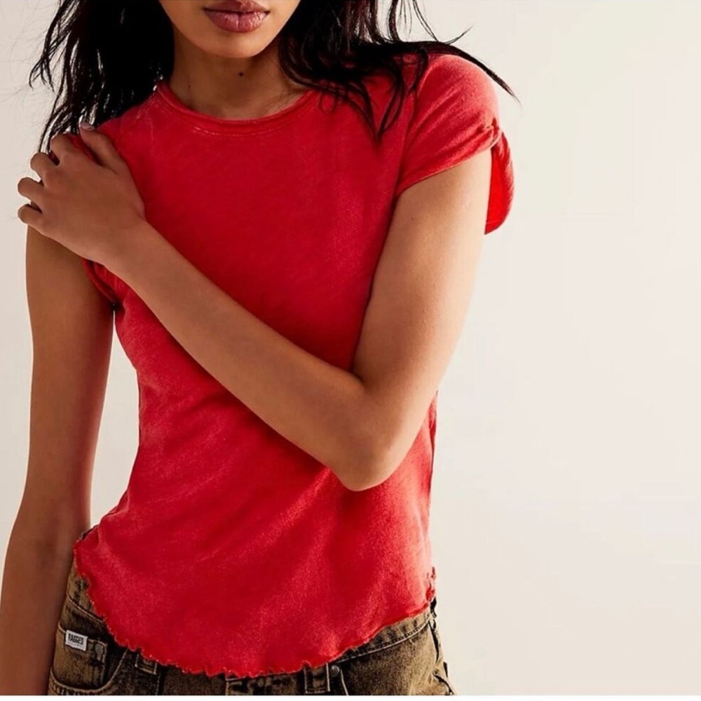 Free People We The Free Be My Baby Tee Red Coral Lettuce Hem Baby Tee Top New